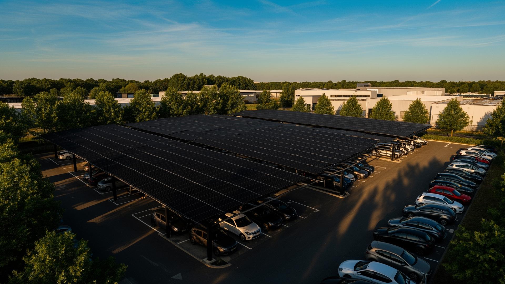 Parking d'entreprise couvert d'ombrières photovoltaïques